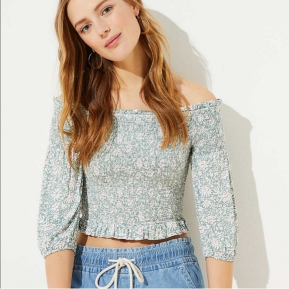 Loft Beach Floral Smocked Ruffle Off Shoulder Boho Top - Picture 1 of 12